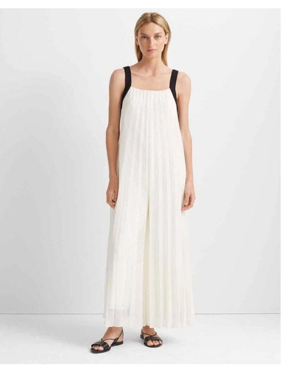 Club Monaco White Pleated Wide-Leg Jumpsuit with Black Straps